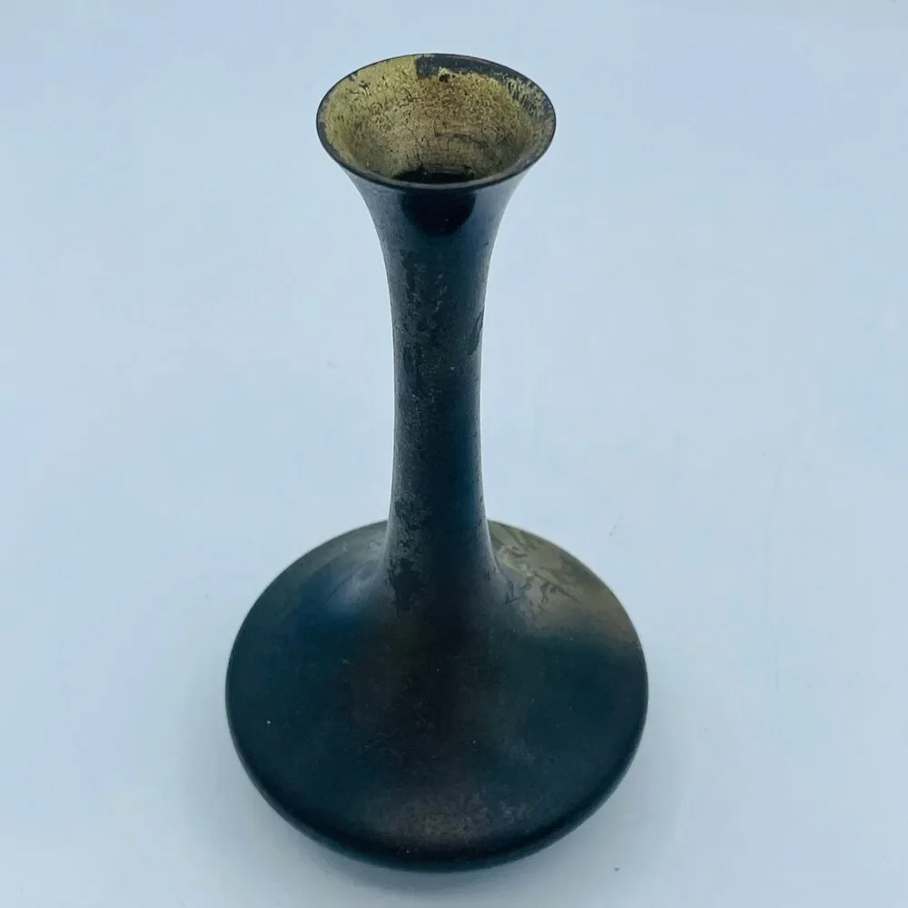 Vintage Japanese Bronze Ikebana Flower Vase Heavy Cast Metal Footed Vessel MCM